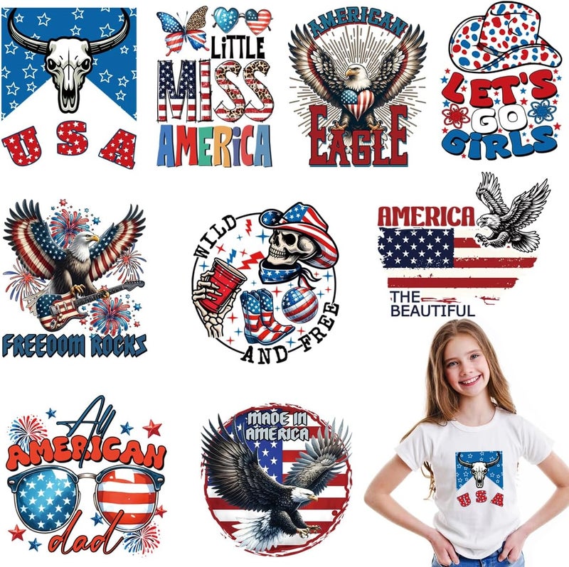 SUMELAY 9 Sheets Independence Day Iron on Transfers for T-Shirts, 4th of July DTF Transfers Ready to Press, Patriotic Heat Transfers Vinyl, American Flag Iron on Decals for Clothes Bag Pillow Covers - Image 1